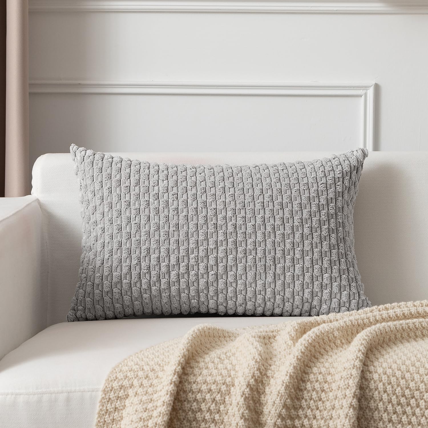 Kevin Textile 14x24 Inch Pillow Cover 1 Pack Boho Decorative Soft Striped Corduroy Lumbar Farmhouse Solid Color Accent Rectangle Cushion Case for Living Room Couch Sofa Bed, Light Grey