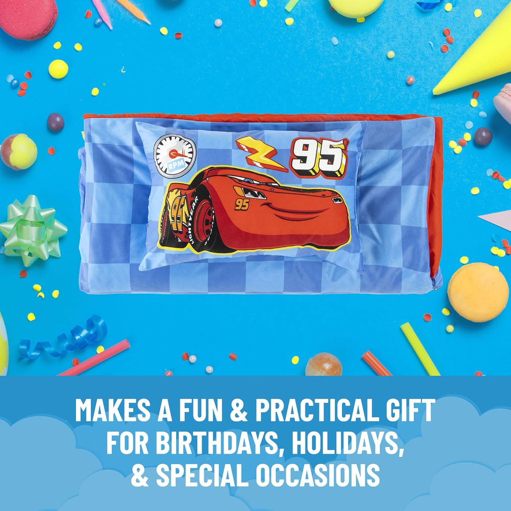 Jay Franco Kids Slumber Bag and Pillow - 54 x 27 Inch Comfy Indoor Sleeping Bag for School and Sleepovers, 2 Piece Set, Blue - Cars