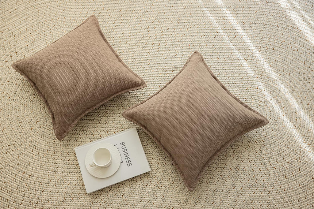 Set of 2 Cozy Striped Herringbone Flange Throw Pillow Covers, Aesthetic Embossed Pattern Pillow Covers for Couch and Bed - 18"x18", Taupe