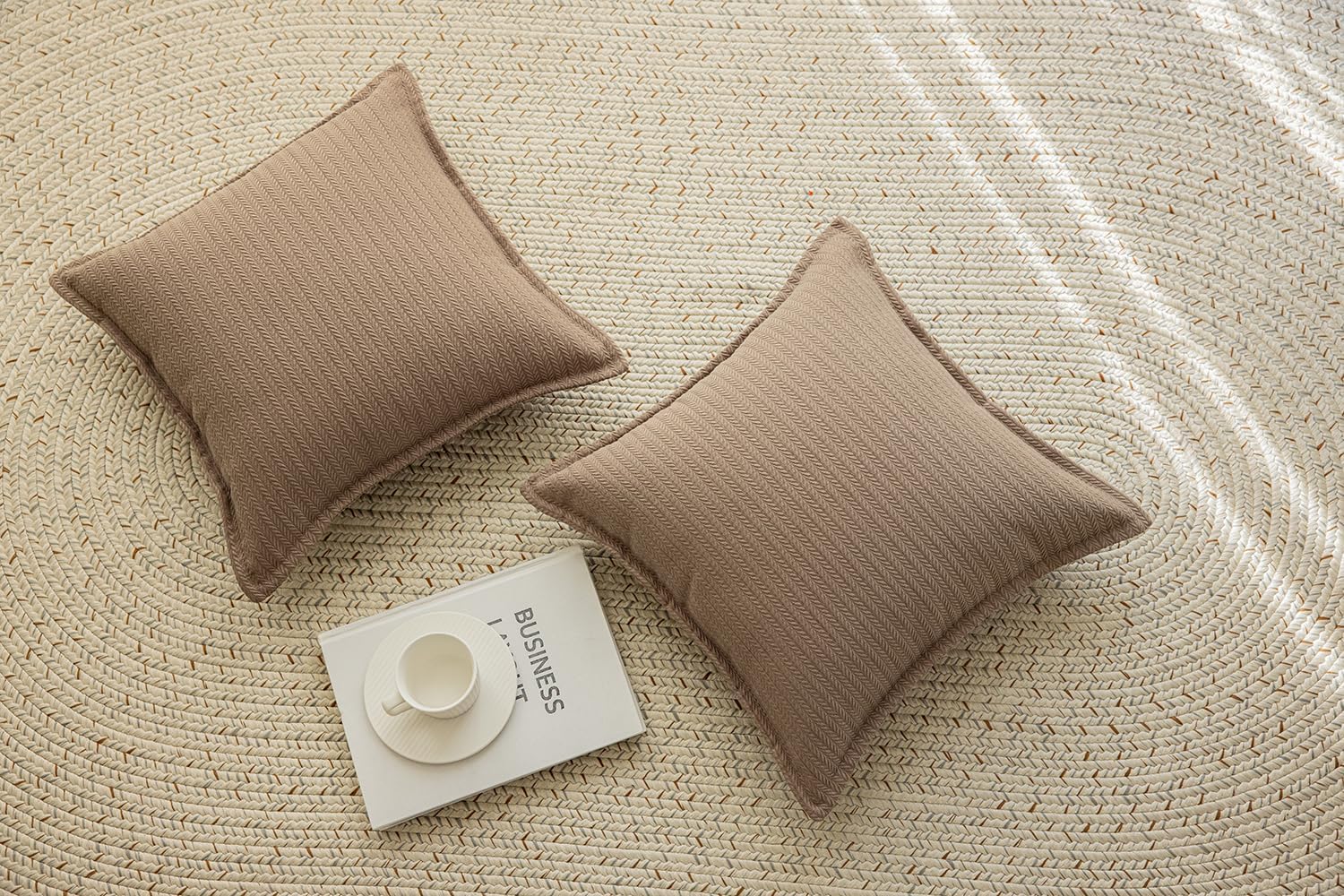 Set of 2 Cozy Striped Herringbone Flange Throw Pillow Covers, Aesthetic Embossed Pattern Pillow Covers for Couch and Bed - 18"x18", Taupe