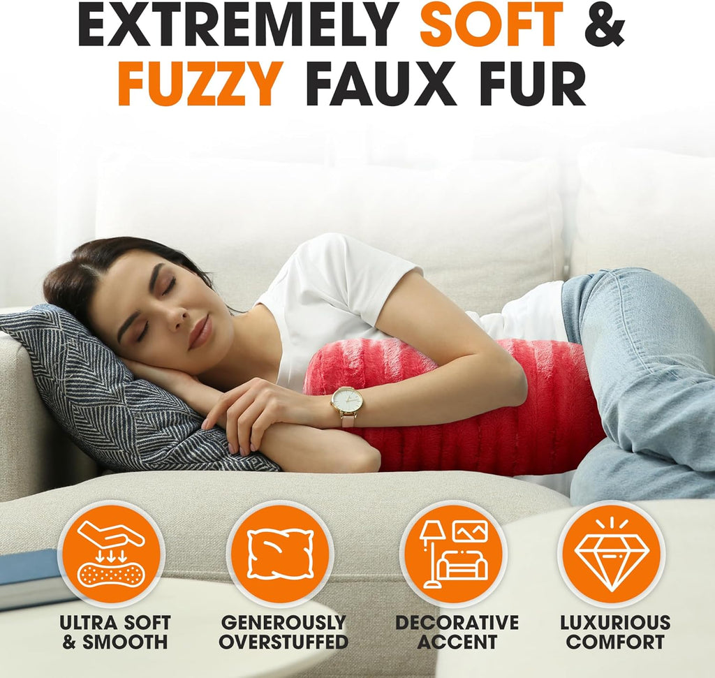 Cheer Collection Faux Fur Bolster Pillows – Soft Decorative Cylinder Pillows for Bed or Couch, Machine Washable – 8” x 24”, Set of 2, Maroon