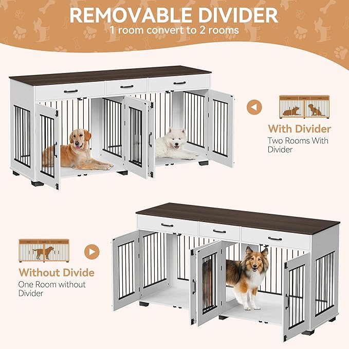 71'' Dog Crate Furniture, Wooden Indoor Dog Kennel for 2 Dogs with 3 Drawers and Removable Room Divider, XXL Double Dog Crate TV Stand End Table with Double Doors for Large Medium Dogs, White