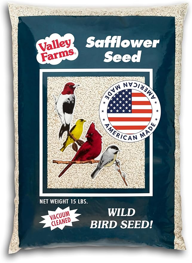 Valley Farms Safflower Seed Wild Bird Food (15 LB) for Outside Feeders, Safflower Bird Seed for Cardinals, Grosebeaks, and Buntings, Cardinal Birdseed for Ourtside Feeders