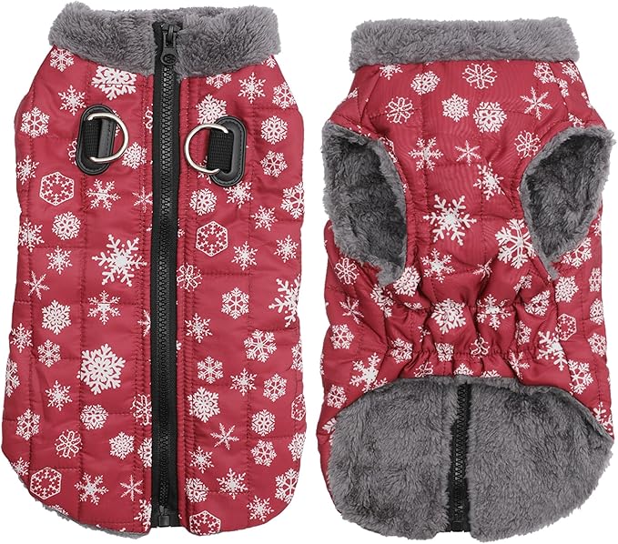 Warm Fleece Dog Coats with Durable Harness Buitl in D-Ring,Waterproof Puppy Jacket for Small Dogs,Dog Vest for Cold Winter,Red,Snow Pattern XS