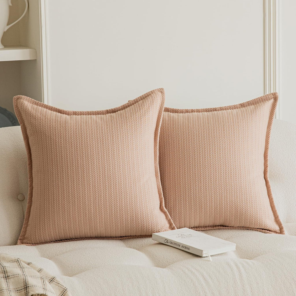 Set of 2 Cozy Striped Herringbone Flange Throw Pillow Covers, Aesthetic Embossed Pattern Pillow Covers for Couch and Bed - 18"x18", Melon
