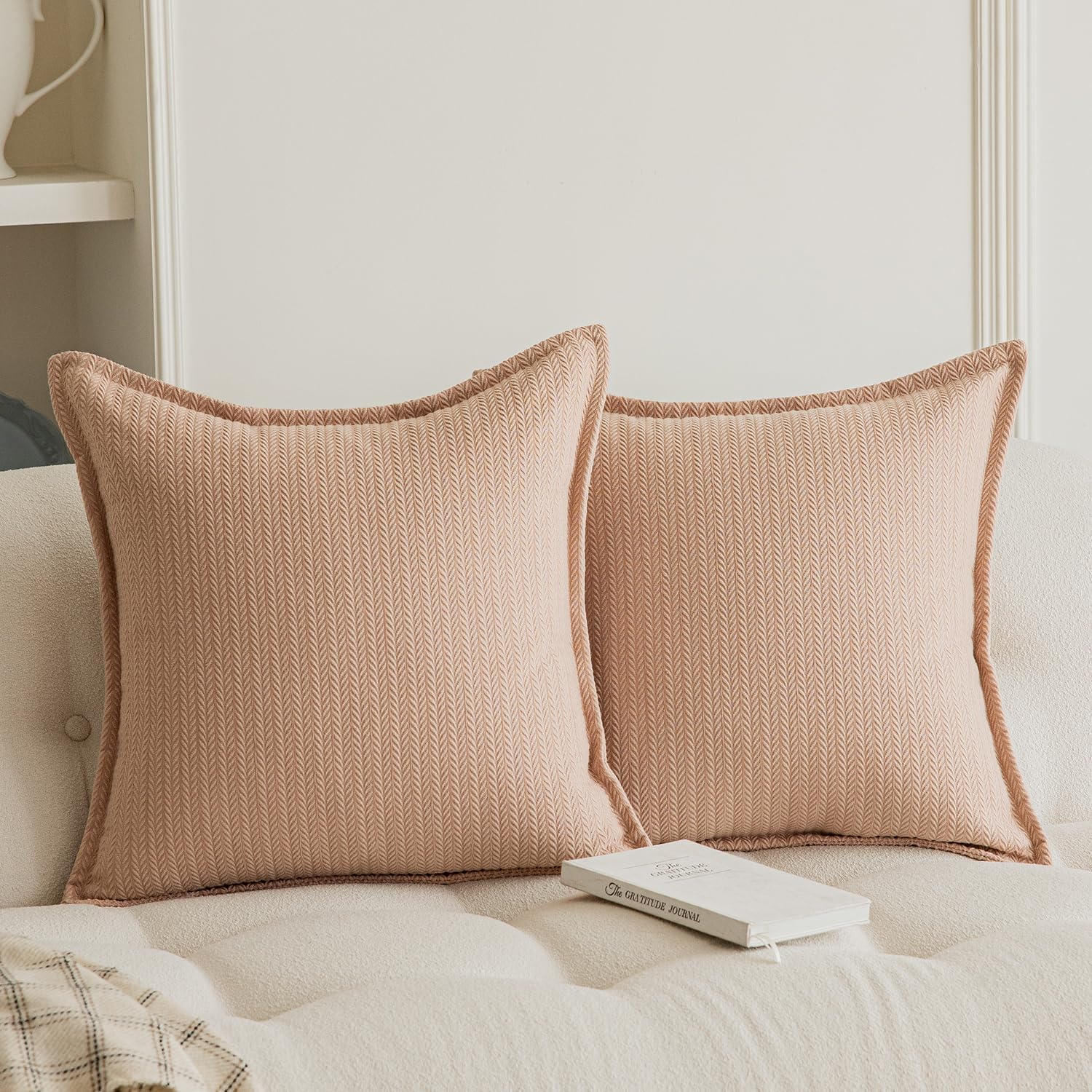 Set of 2 Cozy Striped Herringbone Flange Throw Pillow Covers, Aesthetic Embossed Pattern Pillow Covers for Couch and Bed - 18"x18", Melon