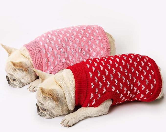 2 Pack Dog Sweater Winter Warm Clothes - Heart Soft Puppy Small Thickening Turtleneck Sweatshirt for Chihuahua, Bulldog, Dachshund, Pug, Yorkie (XS, Pink, Red)