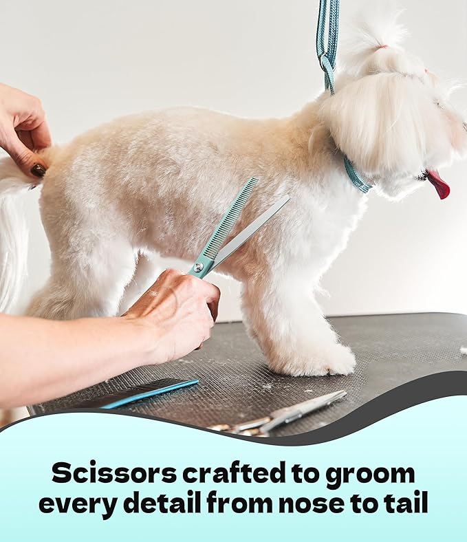 Fenice Peak 7" Professional Dog Grooming Scissors Set, Japanese 440C Stainless Steel Straight Thinning Curved Chunker Shears for Pet Grooming, Trimming Face, Paws, Green