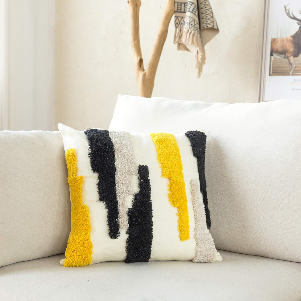 Woven Tufted Boho Throw Pillow Cover, Modern Decorative Geometric Irregular Black Ivory Yellow Striped Lines Cushion, Farmhouse Tribal Pillowcases for Couch Sofa Bedroom Living Room, 18 x 18 Inches