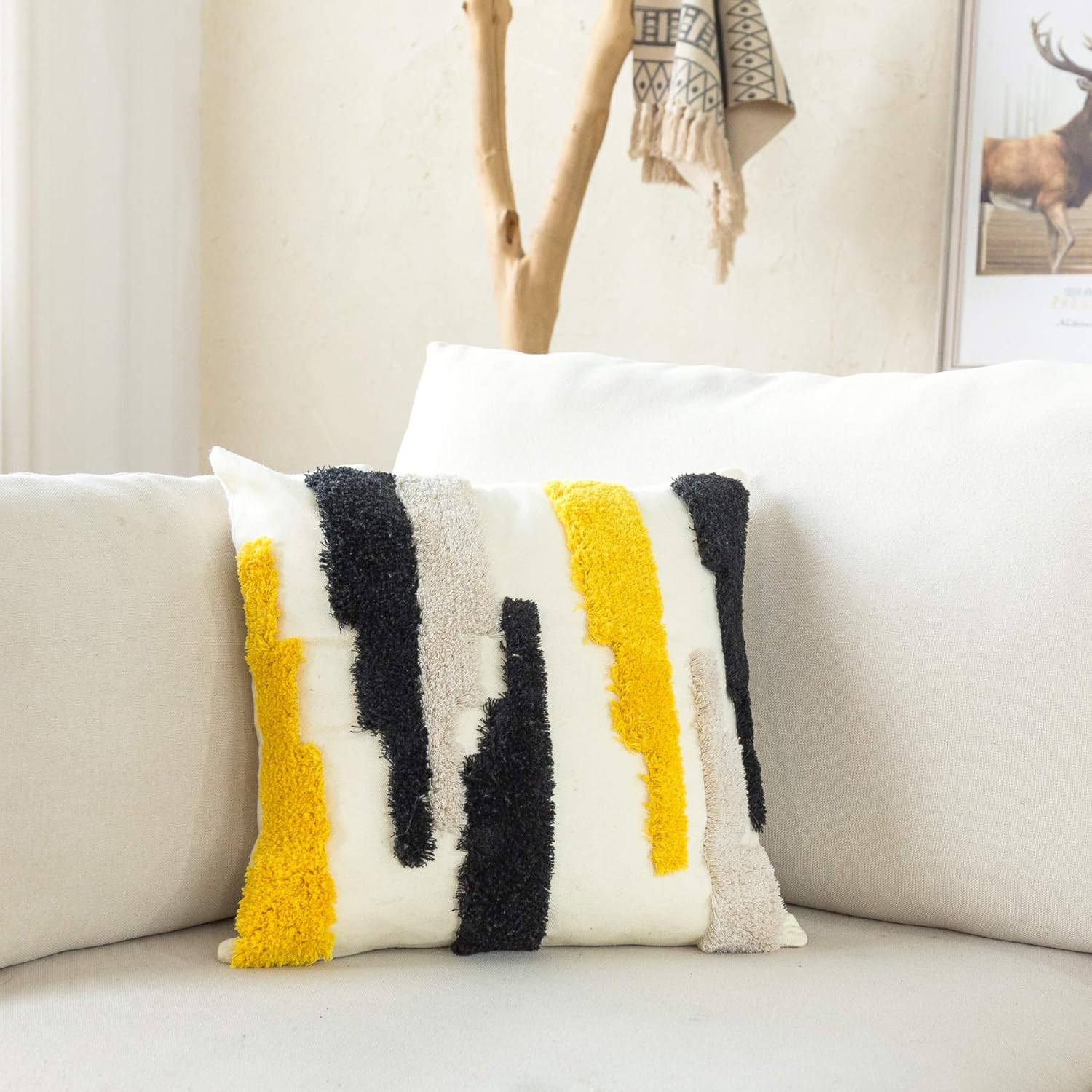 Woven Tufted Boho Throw Pillow Cover, Modern Decorative Geometric Irregular Black Ivory Yellow Striped Lines Cushion, Farmhouse Tribal Pillowcases for Couch Sofa Bedroom Living Room, 18 x 18 Inches