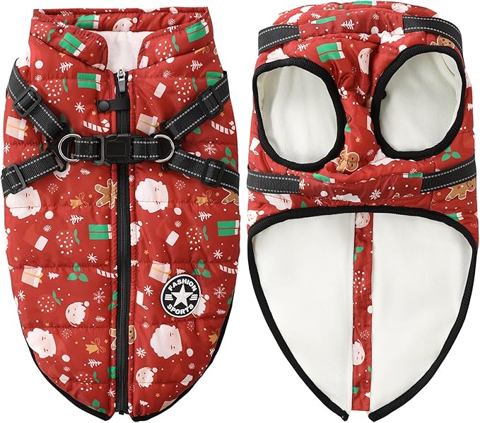 Aiboria Dog Jacket Windproof Fleece Dog Sweater with Padded Vest Chest Strap Harness Dogs Coat Christmas Red S