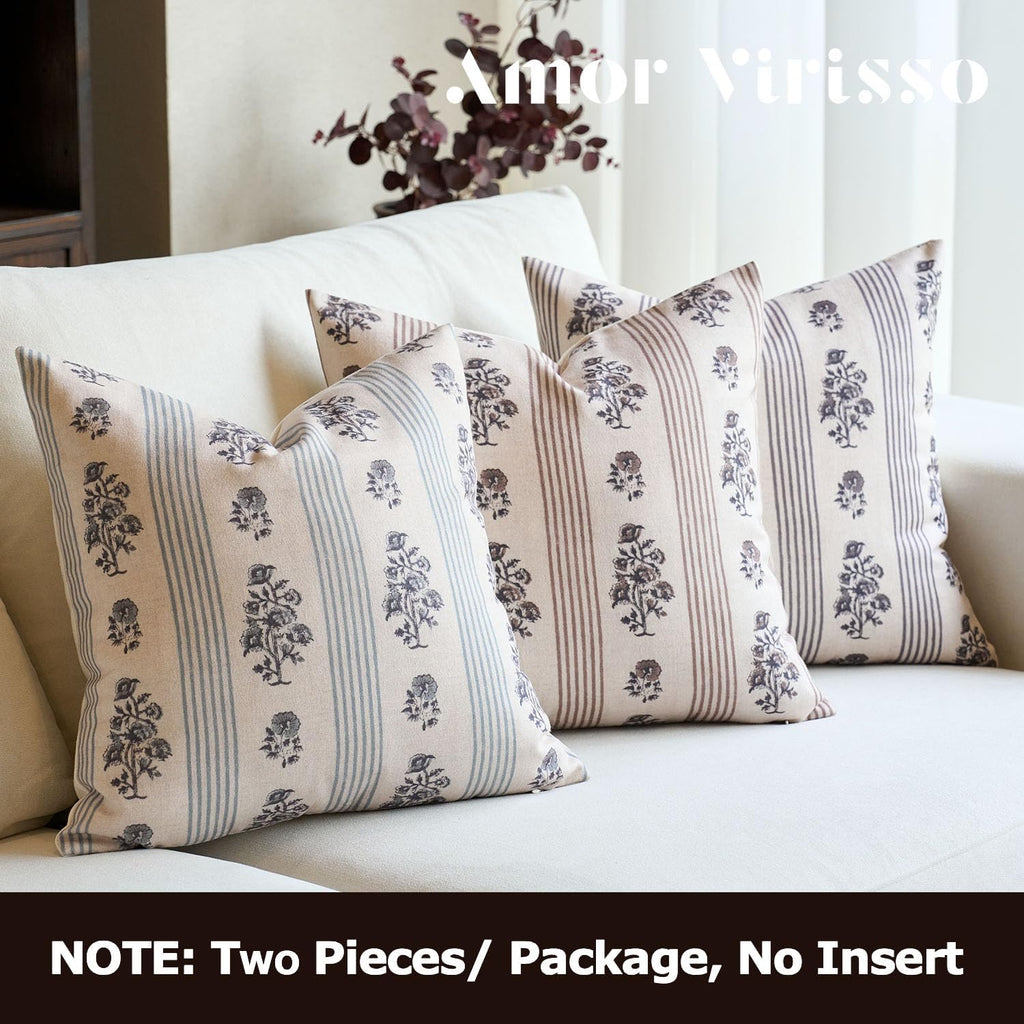Amor Virisso Floral Throw Pillow Covers 20x20 Set of 2 Block Print Pillow Covers Neutral Floral Striped Farmhouse Decorative Pillow Covers for Sofa Couch Bed, Light Blue