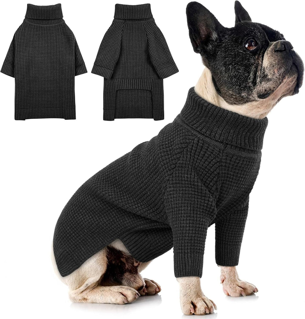 Queenmore Turtleneck Long Sleeve Knitted Sweater with Check Pattern, Warm Dog & Cat Sweater for Small to Large Pets, Charcoal Gray XS