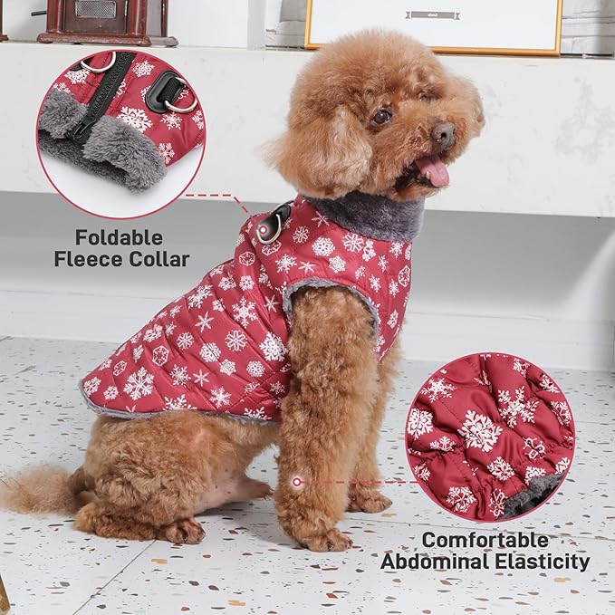 Warm Fleece Dog Coats with Durable Harness Buitl in D-Ring,Waterproof Doggie Jacket for Medium Dogs,Dog Vest for Cold Winter,Red,Snow Pattern L