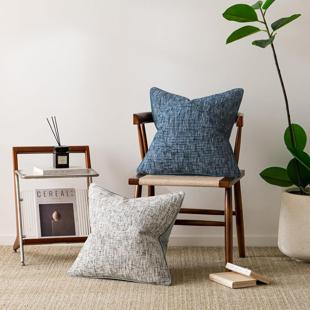 a moment Blue Reversible Pillow Covers 2 Pack - Farmhouse Chenille Throw Pillows, Neutral Textured Decorative Throw Pillow Covers with Border for Couch Sofa Bed (18x18 Inch, No Insert)