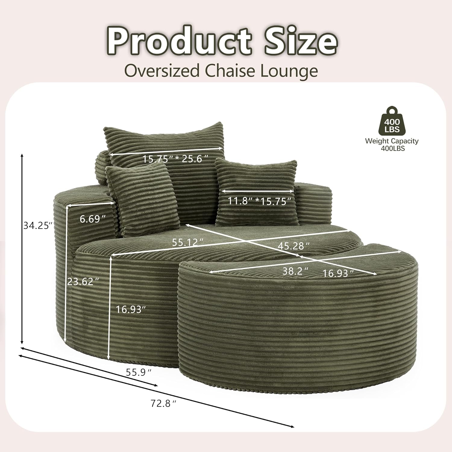 55.11" W Oversized Round Chaise Lounge Chair, Deep Seat Corduroy Cloud with Pillows, Moveable Ottoman and Blanket– Comfy Circle Loveseat Sofa Chair for Living Room or Bedroom (Green)
