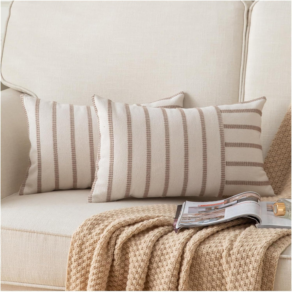 Caflife Boho Throw Pillow Covers 12x20 Set of 2 Soft Farmhouse Decorative Couch Pillow Cases Beige Striped Pillow Covers Neutral Cushion Covers for Sofa Bed Living Room Home Decor