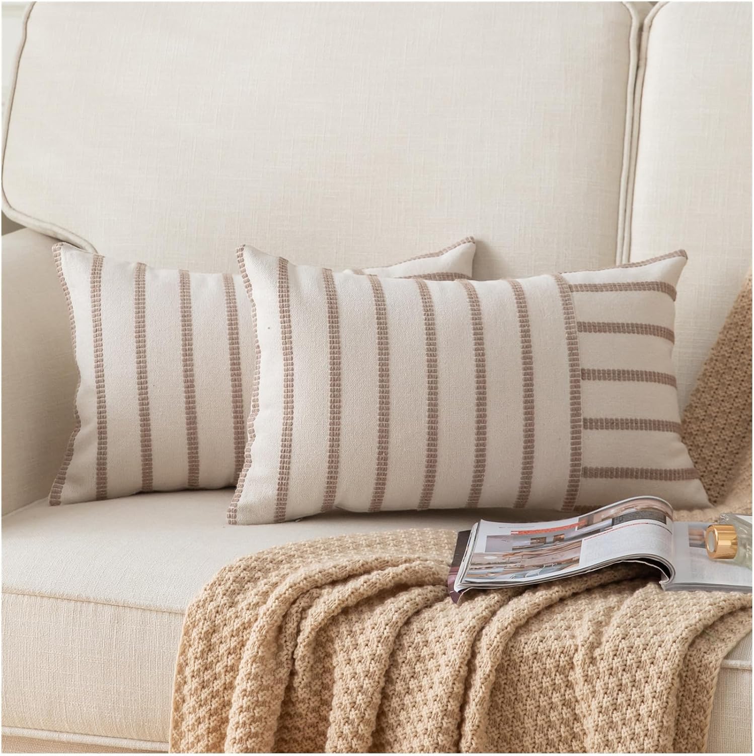 Caflife Boho Throw Pillow Covers 12x20 Set of 2 Soft Farmhouse Decorative Couch Pillow Cases Beige Striped Pillow Covers Neutral Cushion Covers for Sofa Bed Living Room Home Decor