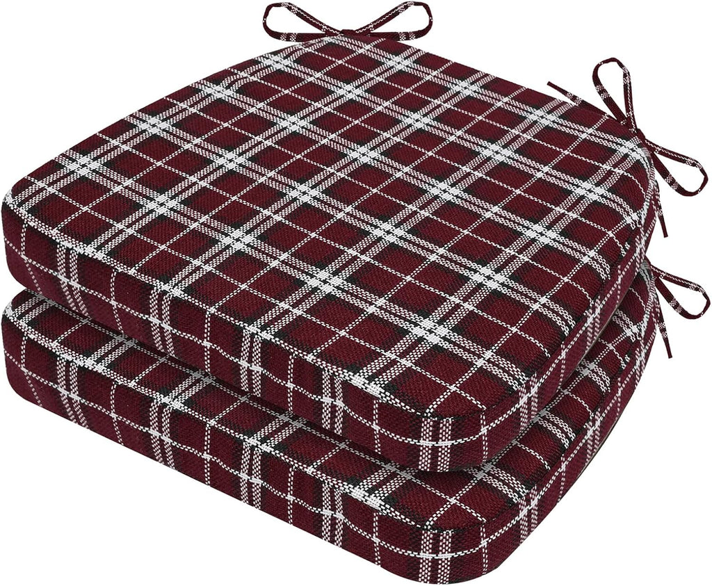 AAAAAcessories D-Shaped Chair Cushions, 2" Thick Dining Chair Pads with Ties and Removable, Machine-Washable Cover, 17" x 16", Set of 2, Red Checkered