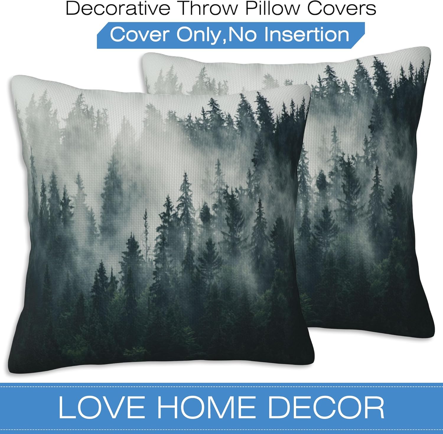 Misty Forest Throw Pillow Cover Case Foggy Forest Throw Pillows Set of 2 Super Soft Pillow Covers 18x18 Inches Farmhouse Home Decor for Living Room Bedroom Sofa Couch Cushion Cover
