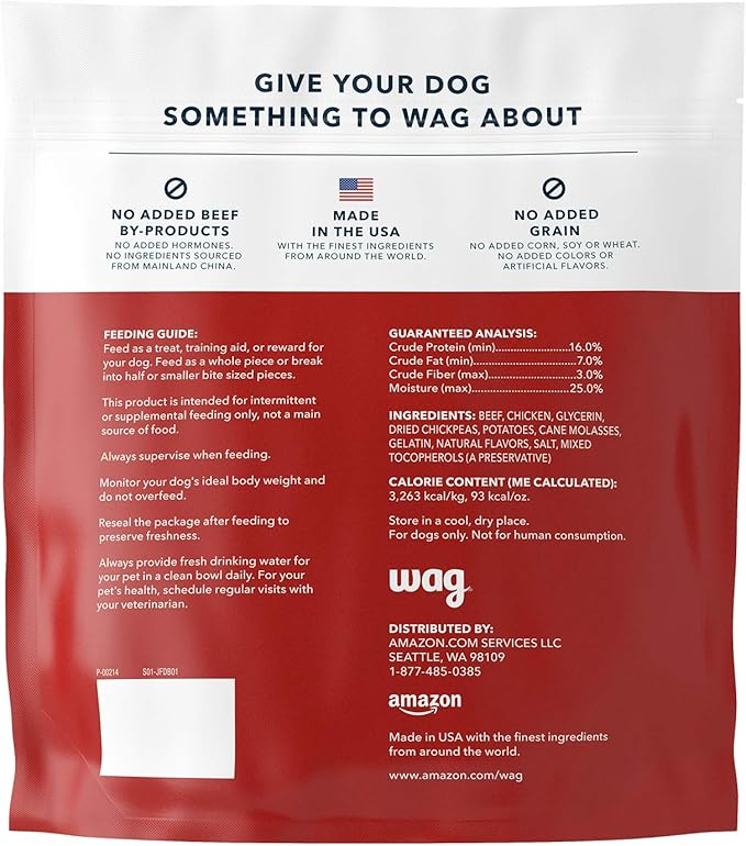 Amazon Brand - Wag Soft & Tender American Jerky Dog Treats - Beef Recipe ,6 Ounce (Pack of 1)