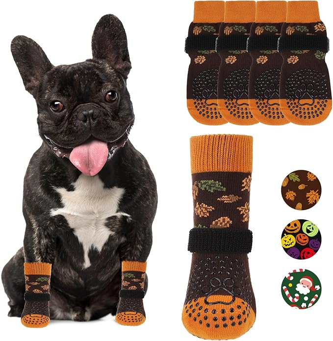 KOOLTAIL Thanksgiving Anti Slip Dog Socks for Hot/Cold Pavement to Prevent Licking Paws, Fall Dog Boots&Paw Protector with Grippers for Hardwood Floors, Traction Booties for Small Medium Large Dog, SM