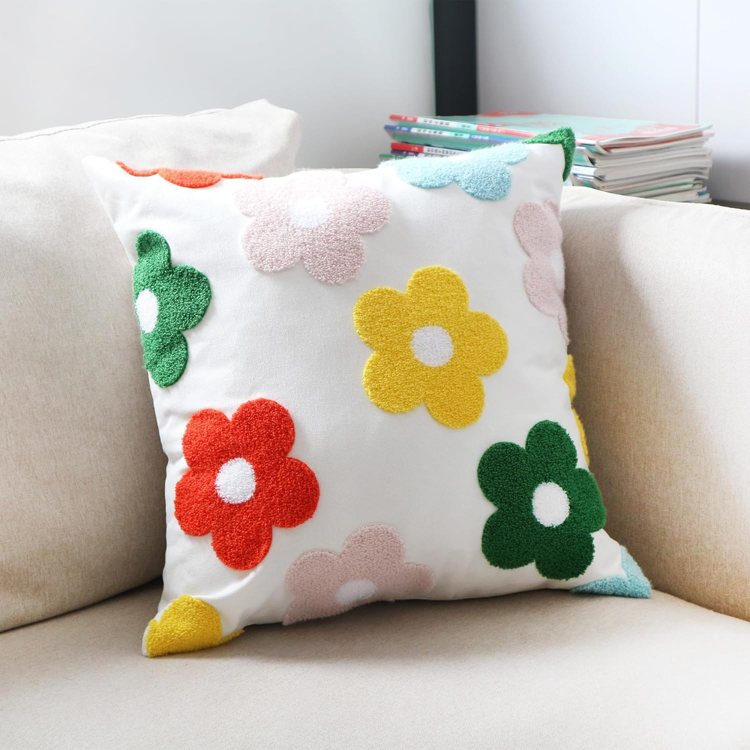 DECOBIRD Embroidery Throw Pillow Cover 18x18 Floral Home Decor Loop Embroidered Durable Soft Square Cushion Cover 45x45cm Pillowcase for Couch Sofa Gift, Multi-Color 5 Petal Flowers 1 Piece