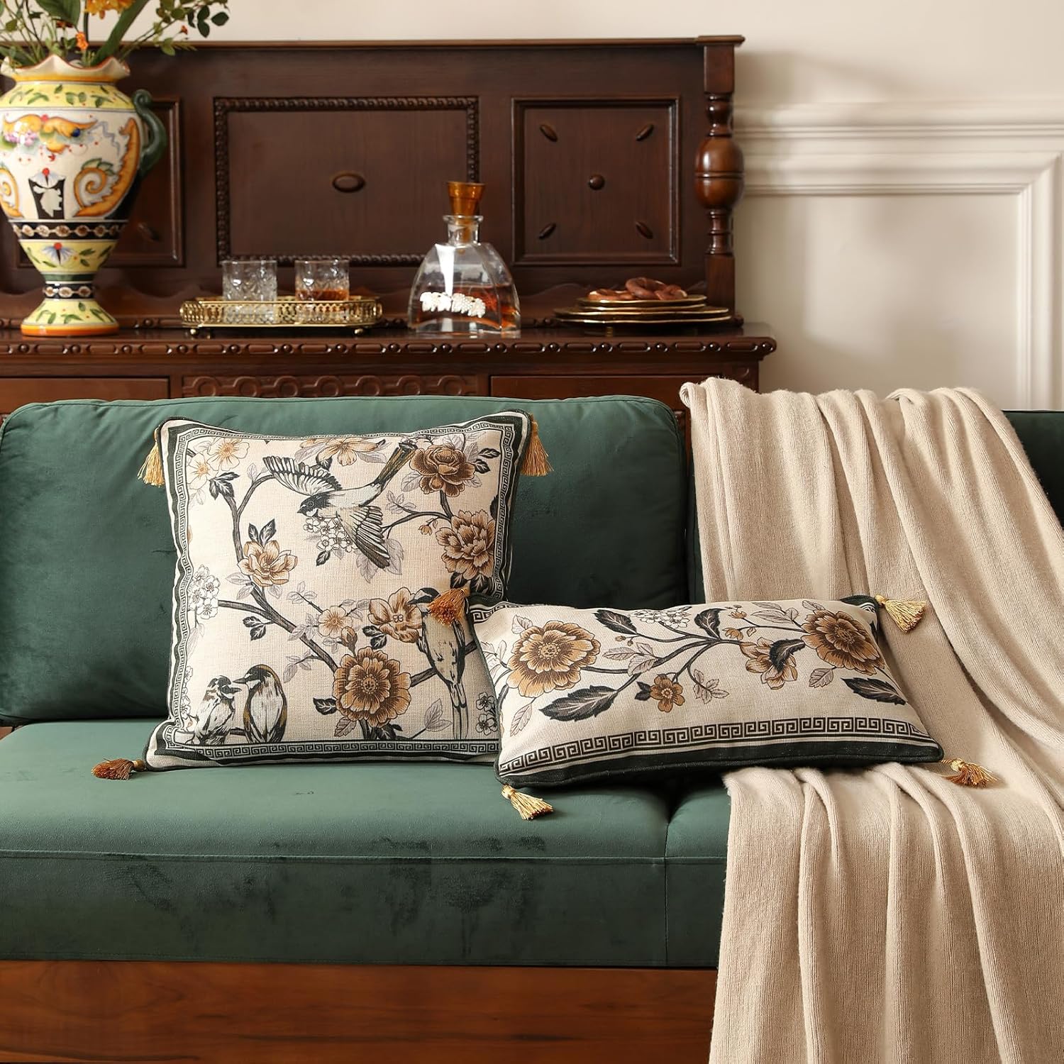 ISAENNE Design Linen Chinoiserie Square Throw Pillow Covers 18"x18", Farmhouse Cushion Covers with Yellow Floral Birds Pattern Decoration Pillowcases for Bed,Living Room,Outdoor,Car