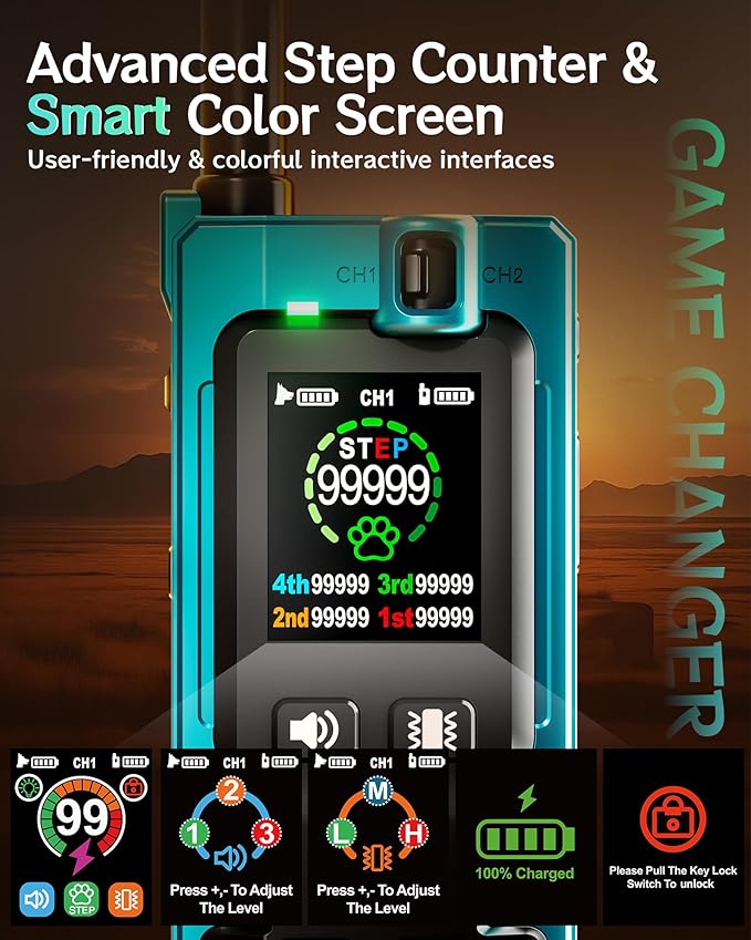 Dog Training Collar with Remote 2 Dogs - 4200FT Step Counter & Smart Color Screen Dog Collar with 5 Modes, IP67 Waterproof Rechargeable E-Collar for Large Medium Small Dogs