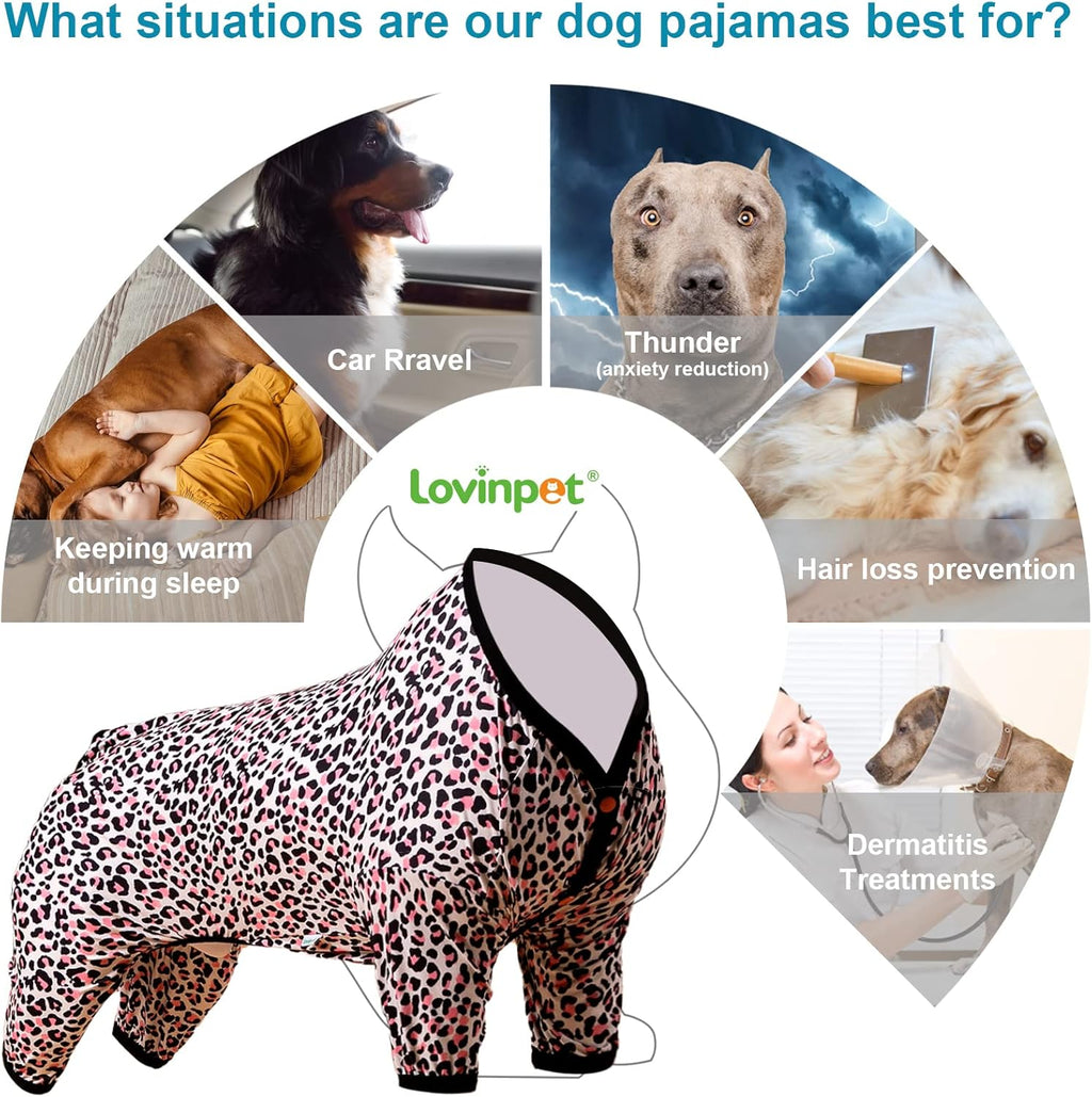 LovinPet Large Dog Post Surgery Clothes, Double Brushed Stretch Knit, Neon Pink Cheetah Print, UV Protection, Pet Anxiety Lightweight Pullover Pet Pajamas, Full Coverage Dog Pjs, Leopard Pink M
