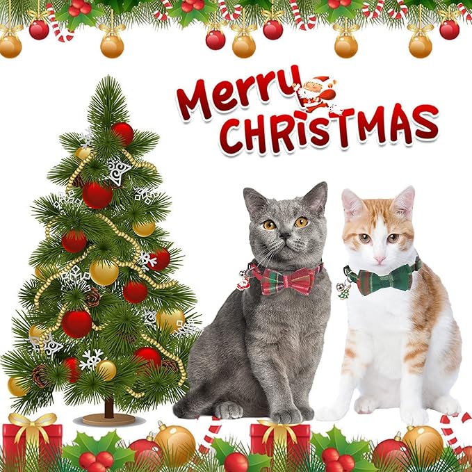 ADOGGYGO Christmas Cat Collars Breakaway with Removable Bow Tie Bell, 2 Pack Red Green Plaid Christmas Bow Collar for Cats Kittens