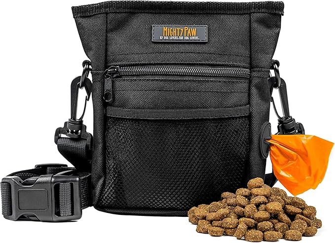 Mighty Paw Dog Treat Pouch | No Spill Magenetic Clasp - Hands-Free Pouches for Training - Pets Training Treat Pouches for Dog Walks - Pet Bags Pouch - Built in Poop Bag Holder - Black