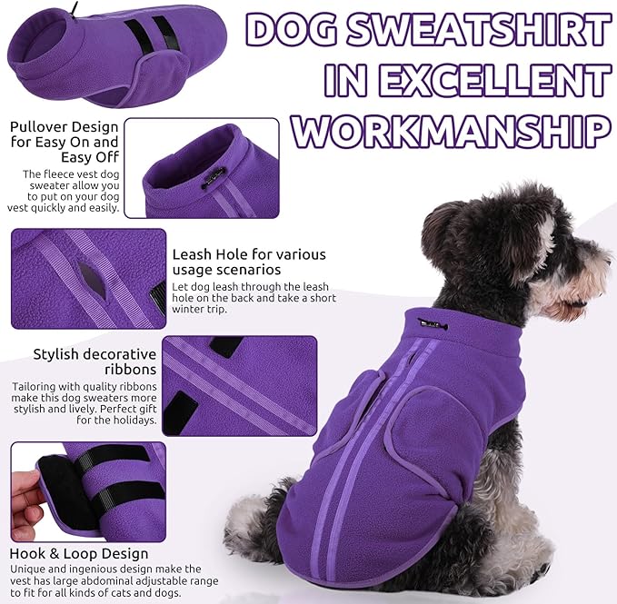 Queenmore XXS Dog Sweaters, Soft Fleece Vest Pullover Dog Jacket with Leash Hole, Warm Winter Dog Clothes Cold Weather Doggy Dachshund Sweater for Small Dogs Cats Boy or Girl (Lavender, XXS)