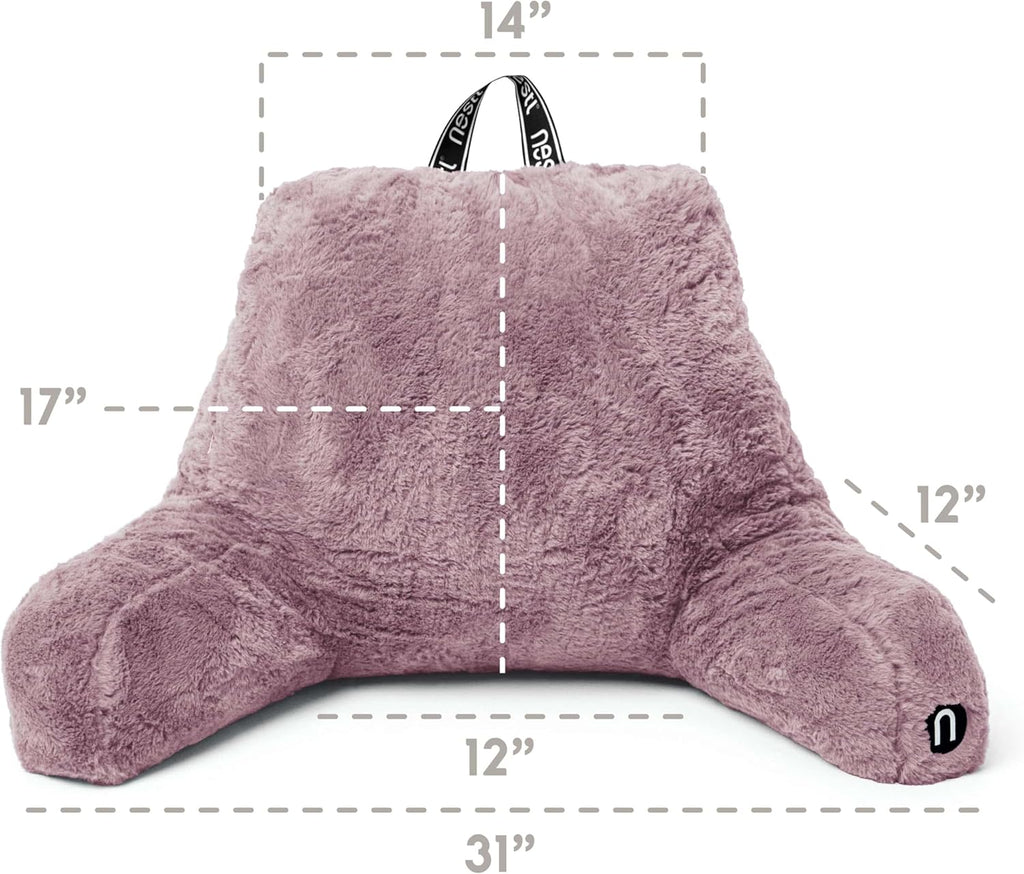 Nestl Fur Reading Pillow with Laptop Lap Desk, Stylish Back Pillow for Sitting Up, Lap Desk with Reading Pillows for Sitting in Bed Adult & Kids, Faux Fur Chair Pillow with Arms - Dusty Purple