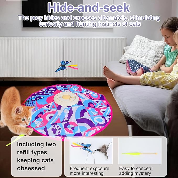 Wn's Day Rechargeable Cat Toys,Hide and Seek Game Interactive Cat Toys for Indoor Cats,Moving Wand Feather Cat Stimulation Toys,Touch Activated Cat Enrichment Toys for Bored Indoor Adult Cats(Pink)