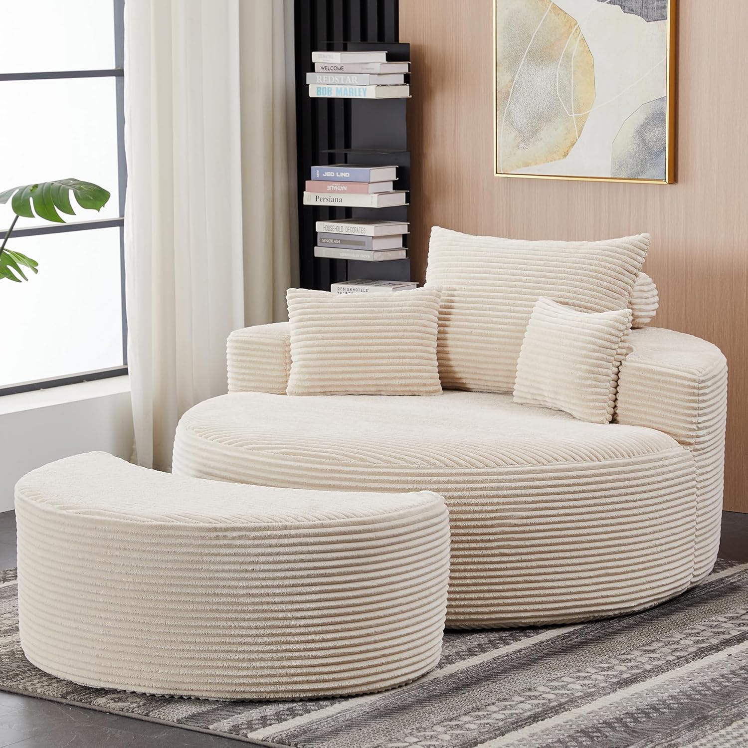 55.11" W Oversized Round Chaise Lounge Chair, Deep Seat Corduroy Cloud with Pillows, Moveable Ottoman and Blanket– Comfy Circle Loveseat Sofa Chair for Living Room or Bedroom (Beige)