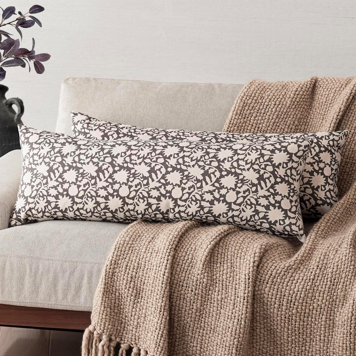 Foindtower Set of 2 Decorative Long Body Lumbar Throw Pillow Covers Accent Farmhouse Cushion Covers Boho Floral Pillowcase for Couch Sofa Bedroom Living Room Home Decor,14×36 Inch,Rustic Gray