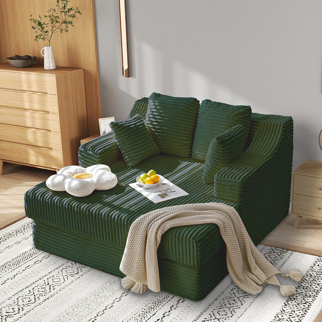 55 Inch Chaise Lounge Indoor - Oversized Chaise Lounge with 4 Throw Pillows and Armrets, Upholstered Plush Sofa Bed, Corduroy Lazy Chair Bed, Sleeper Chair for Living Room or Bedroom, Green