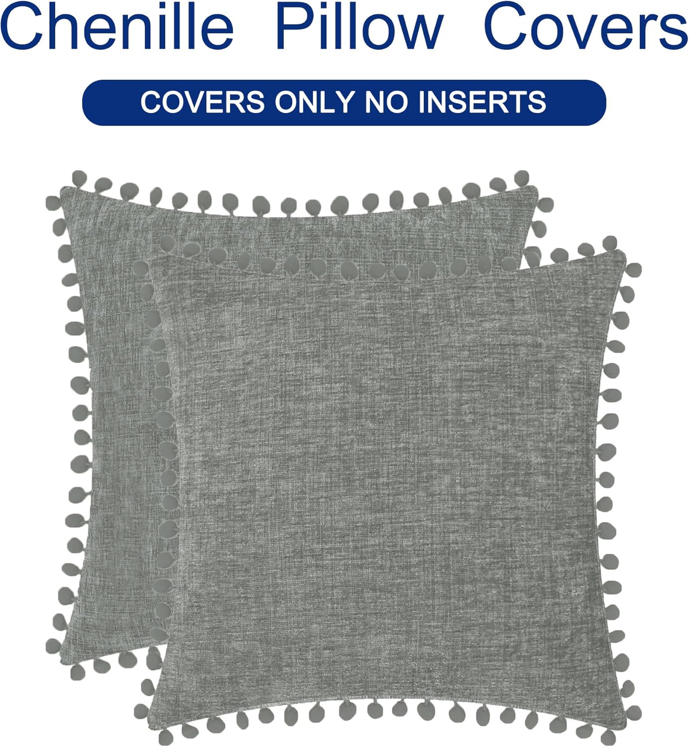 CaliTime Throw Pillow Covers Decorative 16 X 16 Inches Pack of 2 Cozy Solid Dyed Soft Chenille Cushion Cases with Pom Poms for Couch Sofa Bed Living Room Home Medium Grey