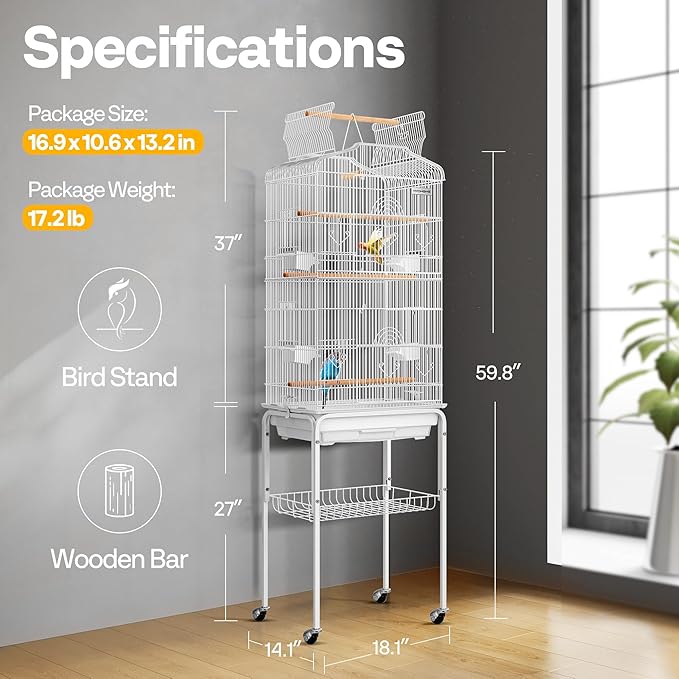 VIVOHOME 64 Inch Bird Cage with Play Top and Rolling Stand for Parrots Conures Lovebird Cockatiel Parakeets White
