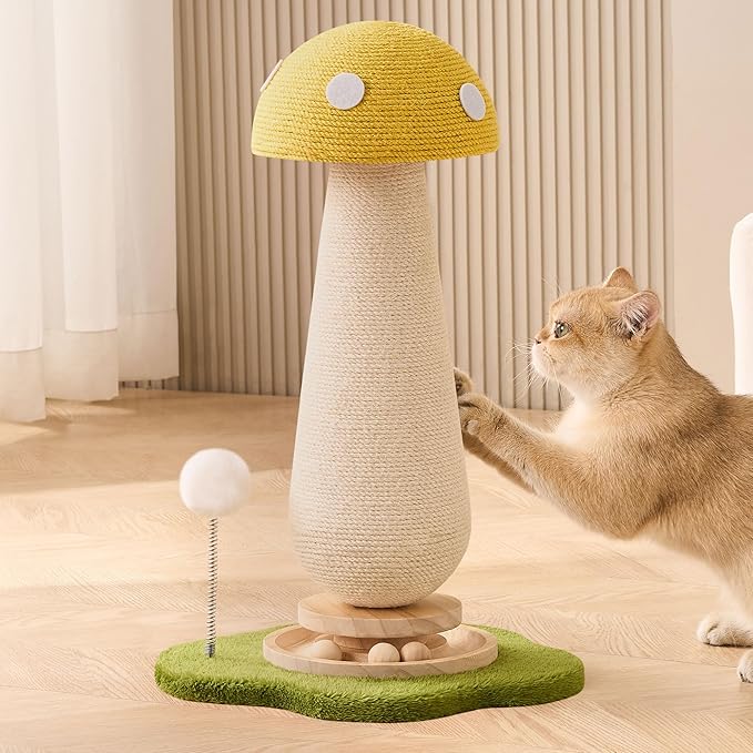 21.5‘’ H Cat Scratching Post with Catnip,Cute Mushroom Cat Scratcher Post with Durable Natural Solid Wood Turntable Toy,Lemon Yellow Mushroom Shape Cat Toy Cat Sisal Scratcher for Indoor Cats