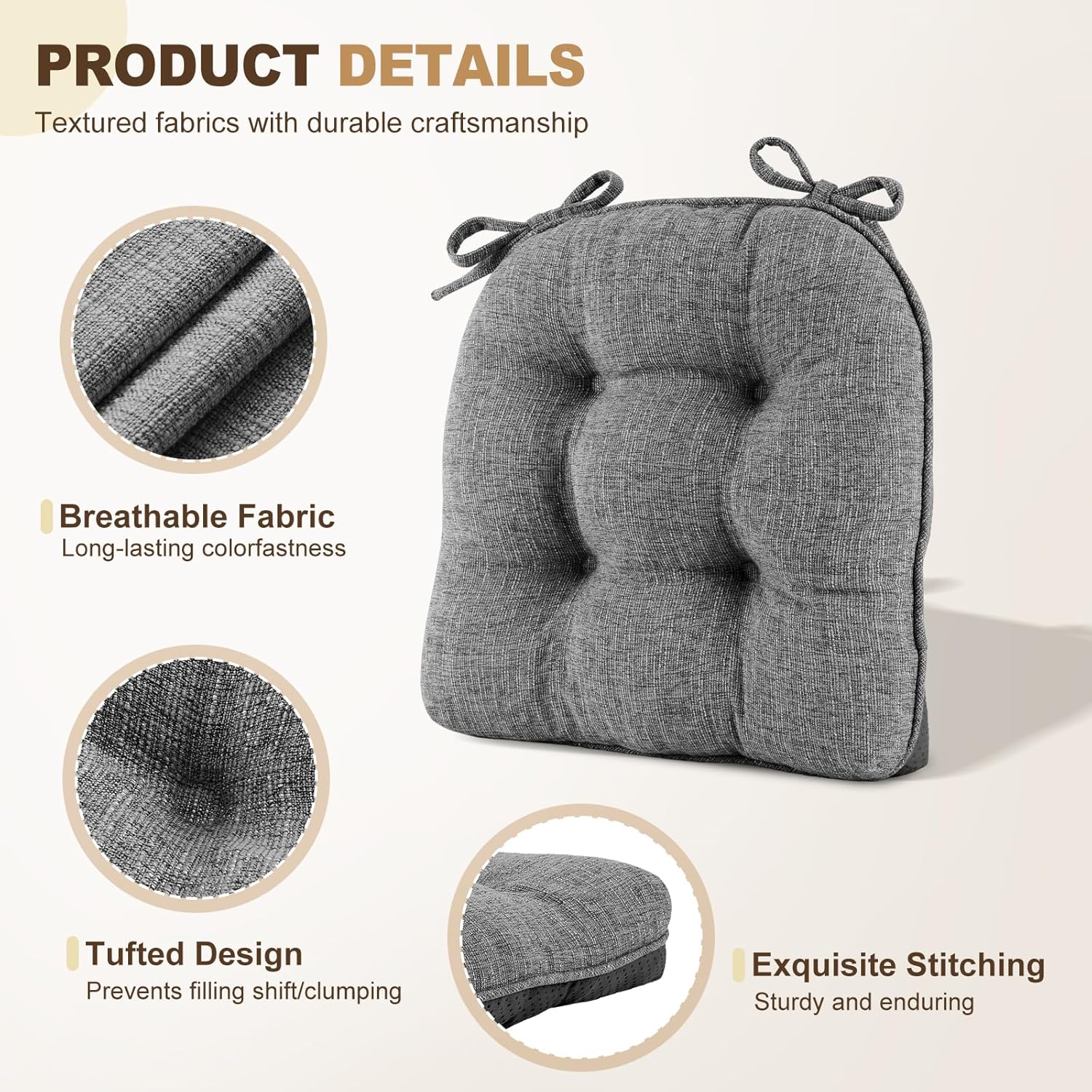 downluxe Indoor Chair Cushions for Dining Chairs, Tufted Overstuffed Textured Foam Kitchen Chair Pads with Ties and Non-Slip Backing, 15.5" x 15.5" x 4", Dark Grey, 6 Pack