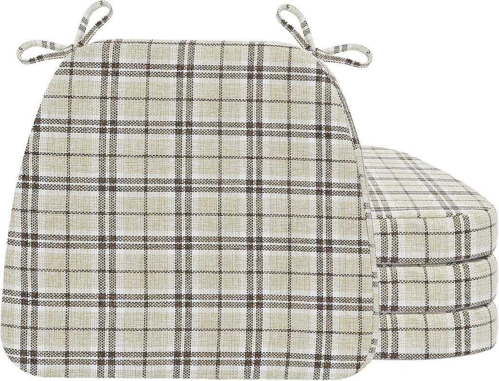 AAAAAcessories D-Shaped Chair Cushions, 2" Thick Dining Chair Pads with Ties and Removable, Machine-Washable Cover, 17" x 16", Set of 4, Yellow Checkered
