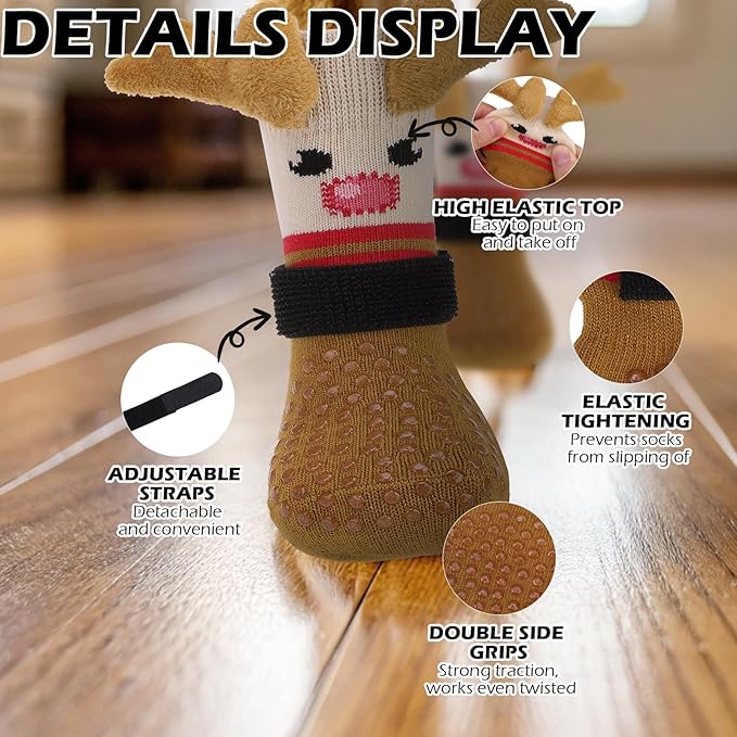 EXPAWLORER Christmas Anti Slip Dog Socks to Prevent Licking Paws, Boots & Paw Protectors with Grippers,Doggie Booties for Hardwood Floors for Small Medium Large Senior Dogs Lifelike Costume Reindeer L