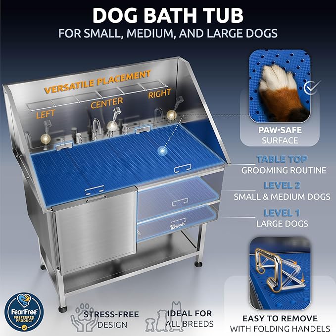 KANIS Professional Dog Washing Station - 304 Stainless Steel Pet Wash Sink & Grooming Bathtub w/Shower, Floor Grates and Storage for Large, Medium & Small Pets (50", Shelf - Left Ramp)