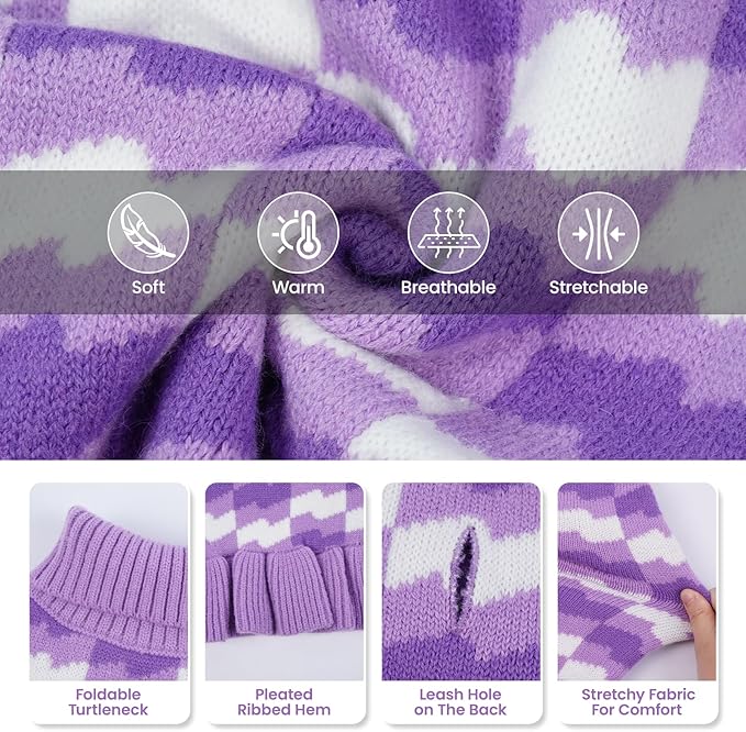 Dog Sweaters for Extra Large Dogs Girl, Dog Sweater Dress with Leash Hole, Thick Turtleneck Knitwear for Female Dogs, Warm Fall Winter Dress for Cold Weather, Holiday - Purple XXXXXL
