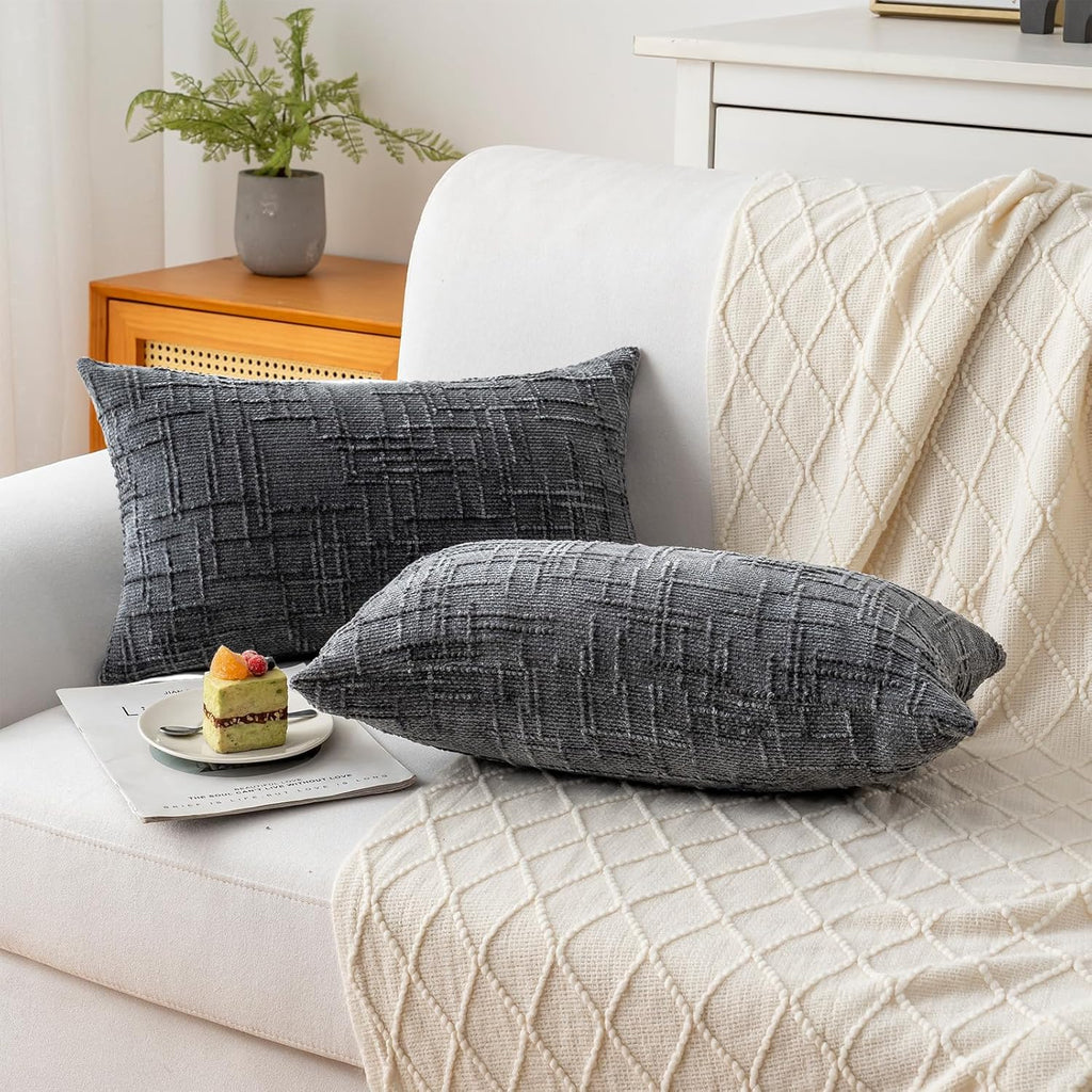Decorative Throw Pillow Covers 12x20 Inch Set of 2, Soft Solid Farmhouse Chenille Couch Pillows, Spring Pillow Covers for Couch Sofa Bed Living Room Home Decor Pillowcase, Dark Gray
