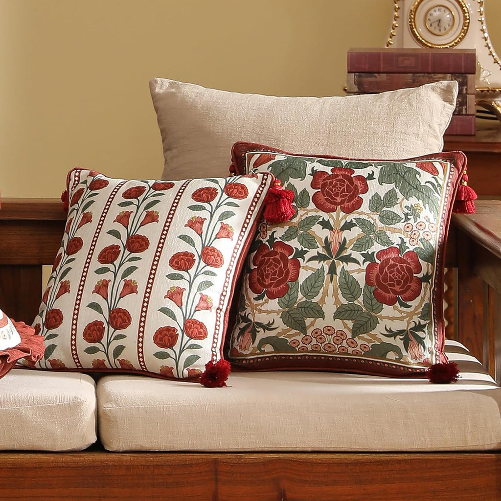 Vintage Square Throw Pillow Covers,Red Cozy Velvet with Leaves and Floral Pattern Pillowcases,Decoration Pillows Cushion Covers for Living Room Couch Sofa Bed Car Chair,18"x18"