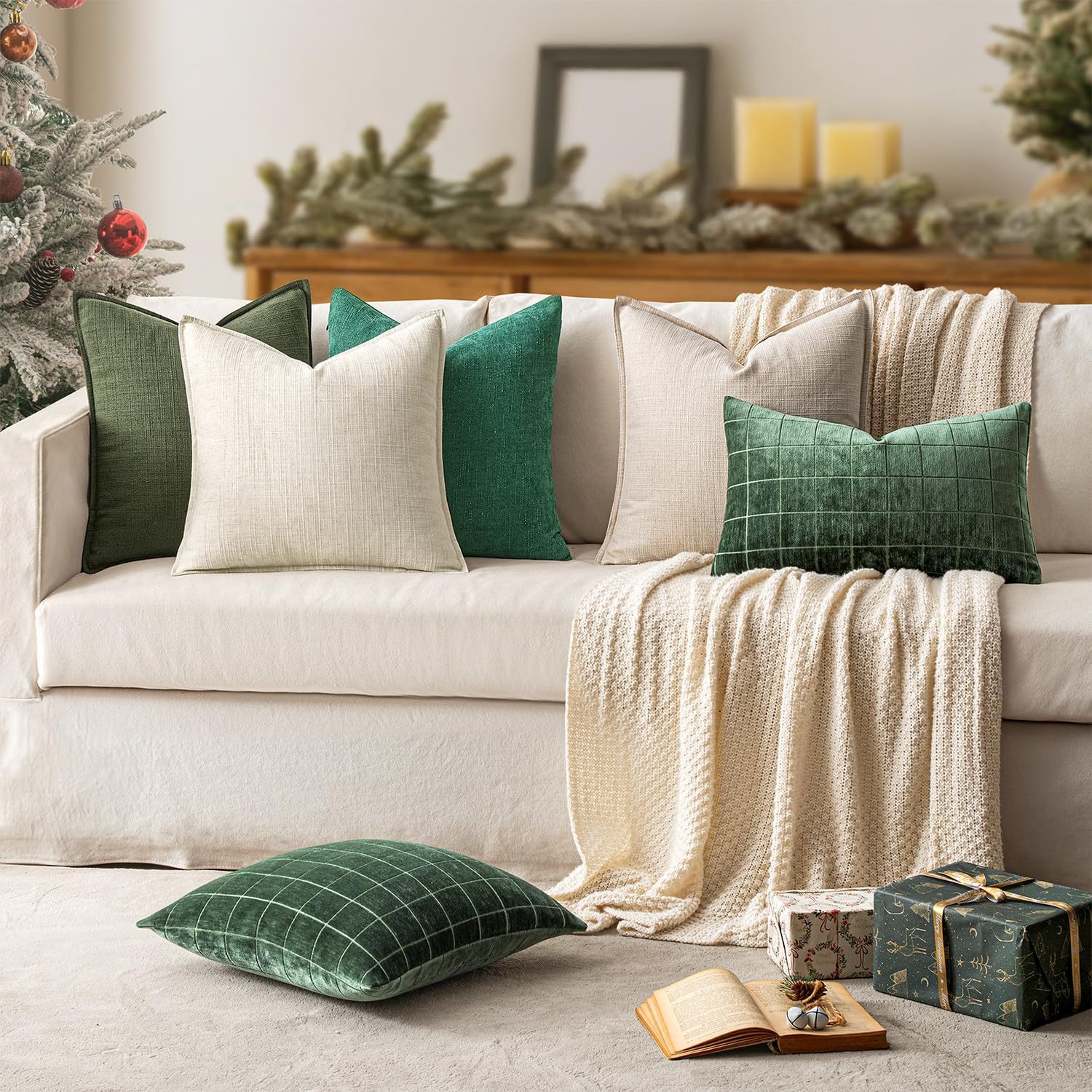 MIULEE Christmas Decorative Pillow Covers 20x20, 2 Pack Boho Farmhouse Neutral Throw Pillows for Couch, Thick Textured Modern Linen Cushion Cases Sofa Bed Living Room Home Decor, Dark Green