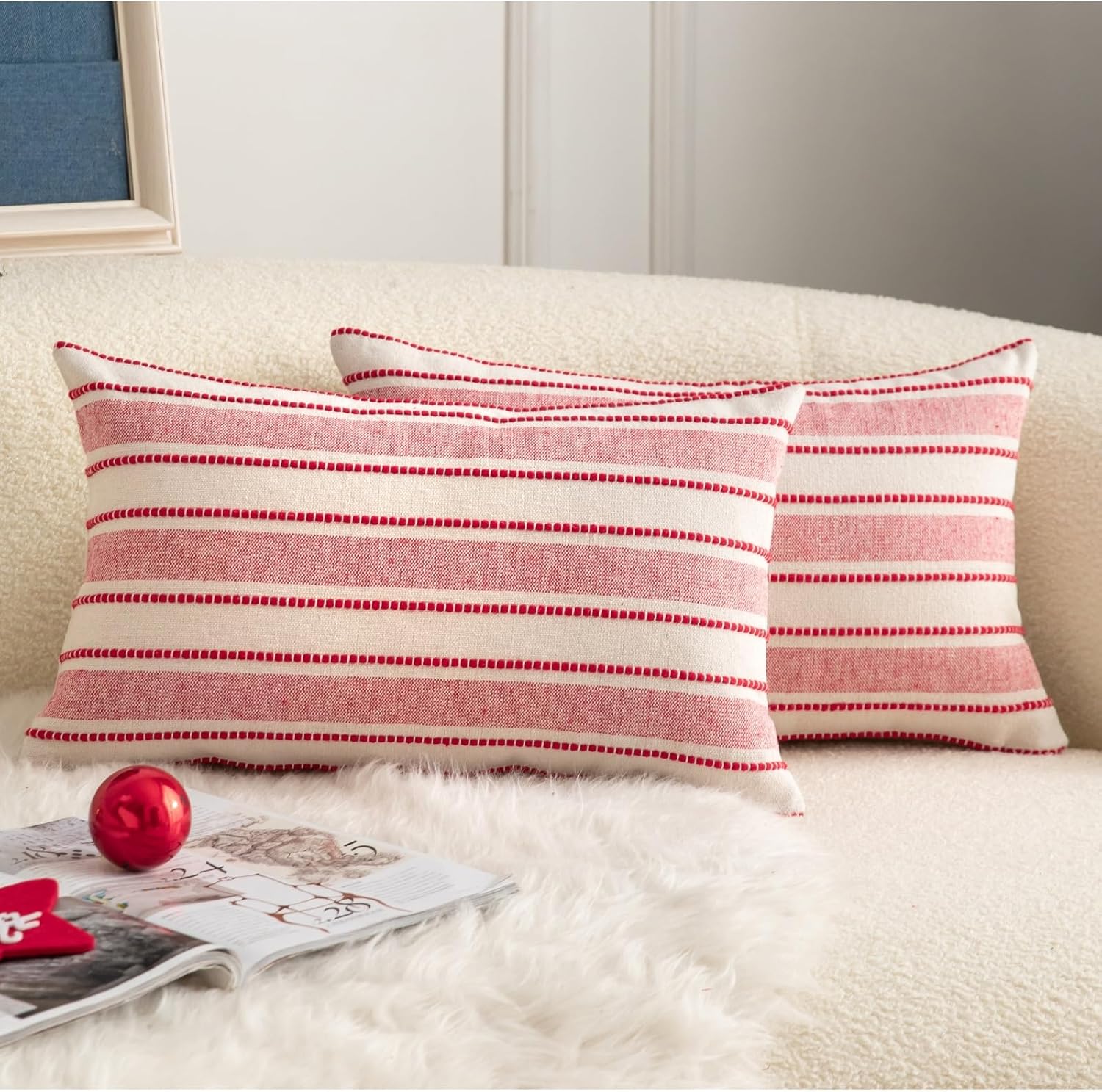 Christmas Pillow Covers, Boho Textured Red Pillow Case, Pillow Covers 12 x 20 Inch Set of 2 Christmas Decorative, Chair Sofa Bedroom Living Room Home Holiday Decor Cushion Case